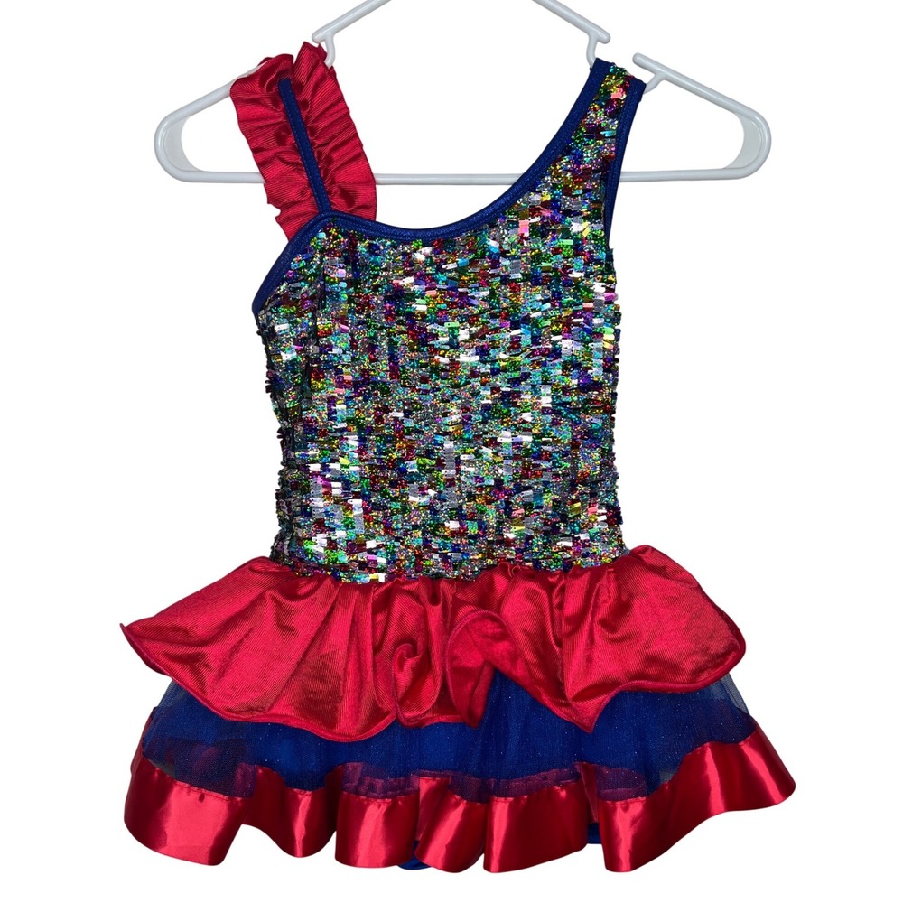 Curtain Call Costumes Girls Sequin Ruffle‎ One Shoulder Dance Dress CME Medium 8